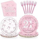 Greencian 96Pcs Pink Bow Party Supplies Coquette 21th Birthday Party Plates and Napkins Disposable Bow Themed Tableware Set for Girl Happy 21th Birthday Baby Shower Decorations, Serves 24