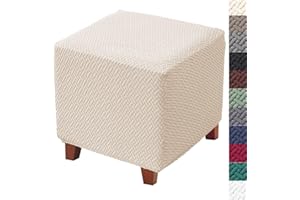 BIFAUNVOGEL Bifaun Vogel Ottoman Cover - Jacquard Stretch Slipcovers with Elastic Bottom - Thick Folding Storage Covers for Square Footstool & Living Room - Beige