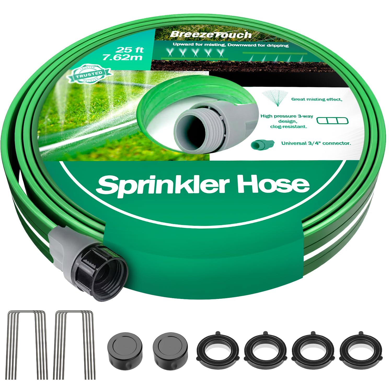 Photo 1 of Breeze Touch 25FT Sprinkler Hoses, Flexible Garden Hose with High-Mist Spray, Leakproof Flat Irrigation Hose, Grass Watering Soaker Hose with Stakes for Lawn & Yard
