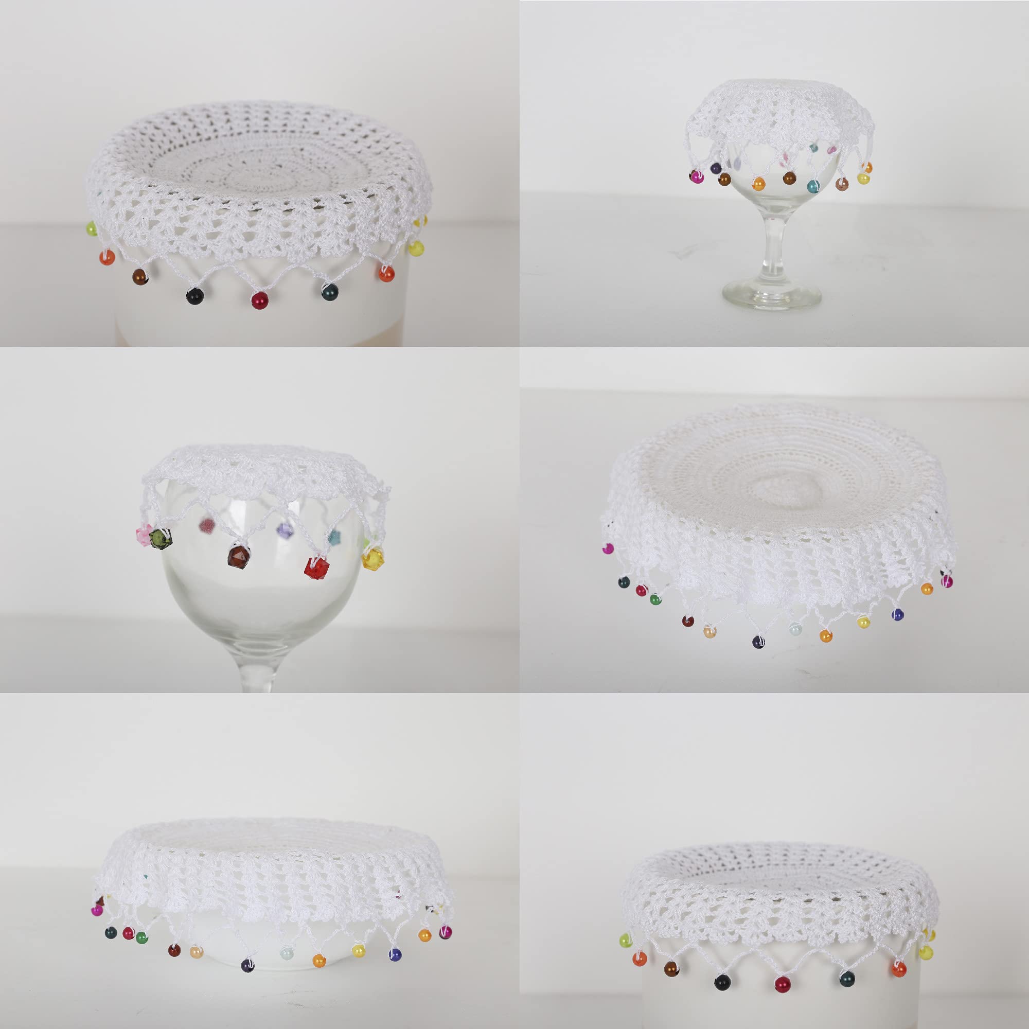 Lace Doilies with Beads Jug Covers, 100% Cotton Handmade Crochet Beaded Doyleys for Table Placemats & Dining Decor, Pack of 1 (White, 6 Inches)