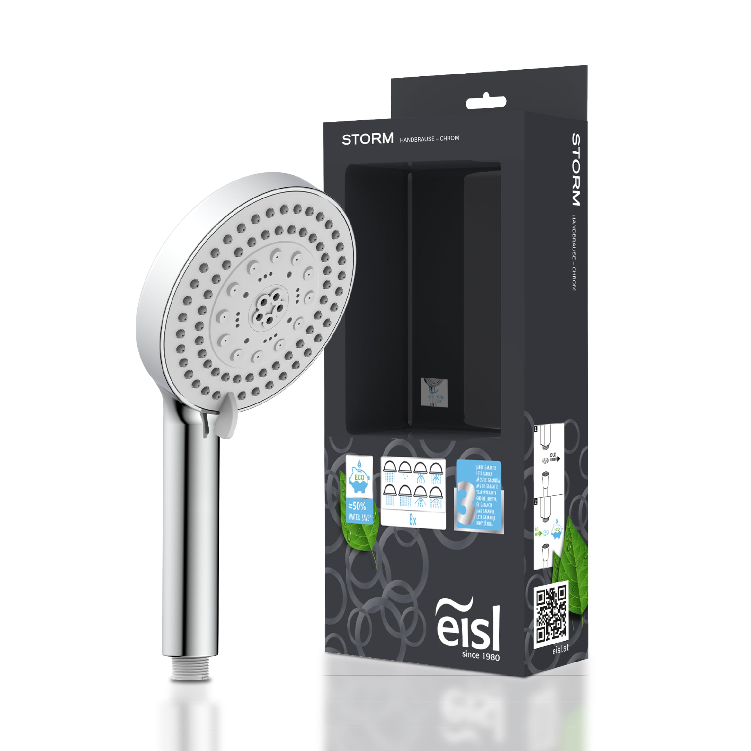 EISL DX5082 Storm Shower Head Without Hose, Water Saving Handheld Shower Head with Multiple 8 Jet Types and Standard Shower Connection, Chrome