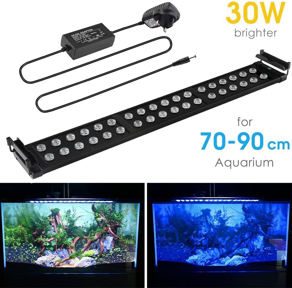 MAINLICHT Aquarium LED Lights Super Bright Fish Tank Hood Light with Adjustable Brackets Blue and White 30W, Fits Aquariums 27"-35"(70-90cm)