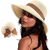 DRESHOW Sun Hats for Women Travel Fedora Foldable Beach Sun Hat Summer Wide Brim Straw Bucket Hat with Bowknot UPF 50+