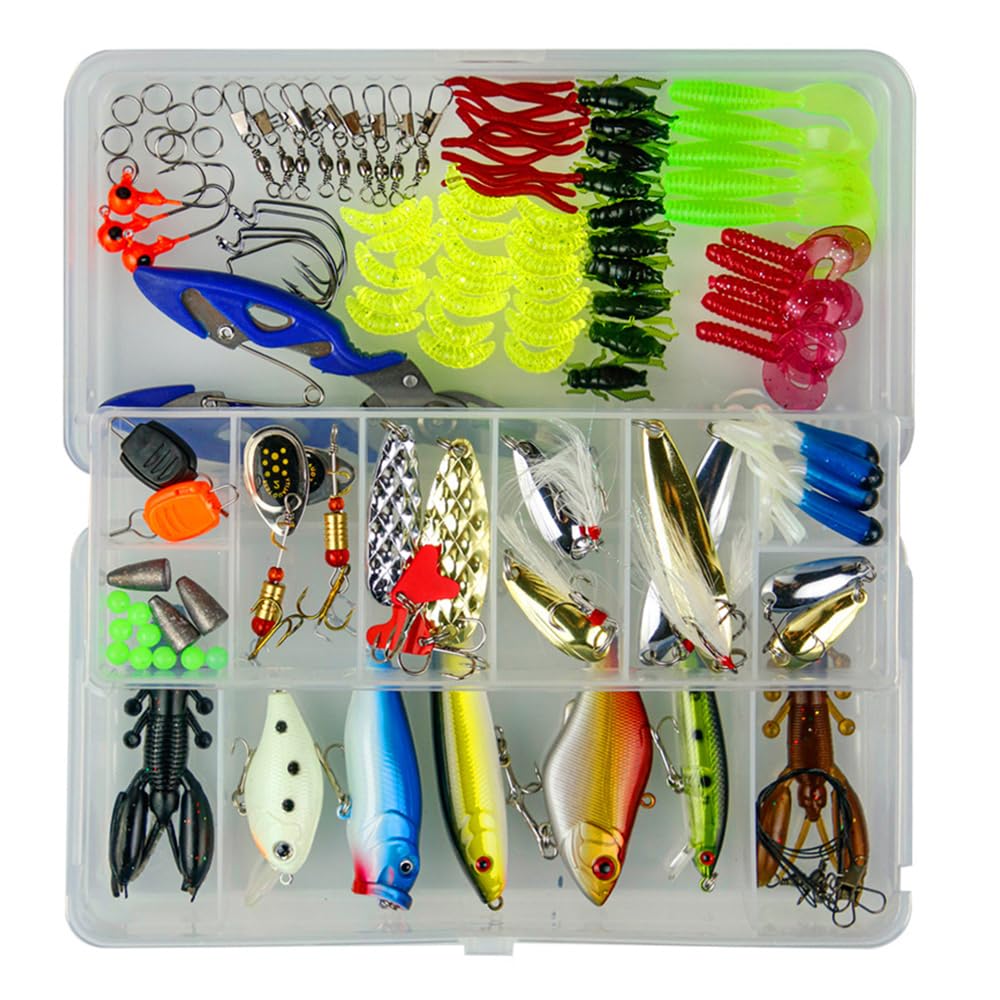 120PCS Fishing Lure Kits, Fishing Accessories Kit Universal Assorted Fishing Lure Set with Fishing Tackle Box - Including Spinners, Worm, Spoons, Hard Lure, Sinking Lures, Treble Hooks ect
