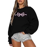 FASHGL Pink Bow Sweatshirt Womens - Sequins Coquette Sweater Casual Round Neck Pullover Sweatshirts Long Sleeve Tops