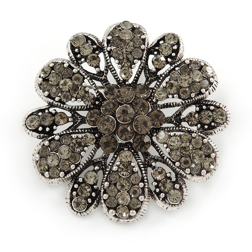 Vintage Inspired Grey Coloured Austrian Crystal Floral Brooch In Antique Silver Tone - 43mm D