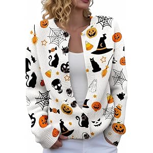 Halloween Sweaters for Women Cute Pumpkin Ghost Witch Print Knit Cardigans | Cute Halloween Knitted Sweater,Lightweight Breat