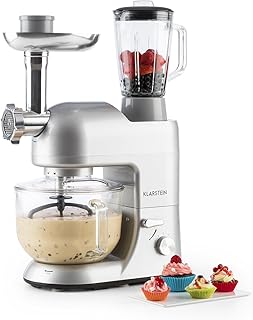 Klarstein Lucia Argentea 2G - Universal Küchenmaschine, Rührmaschine, 1300 W, 5,2 Liter, planetarisches Rührsystem, Fleischwolf, Pasta-Aufsätze, Mixbecher mit 1,5 L, 6-stufige, Sicherheit, silber