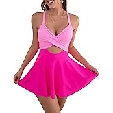 B2prity Women Cutout One Piece Skirt Swimsuit V Neck Wrap Tie Back Swimdress Tummy Control Bathing Suit(Hot Pink)