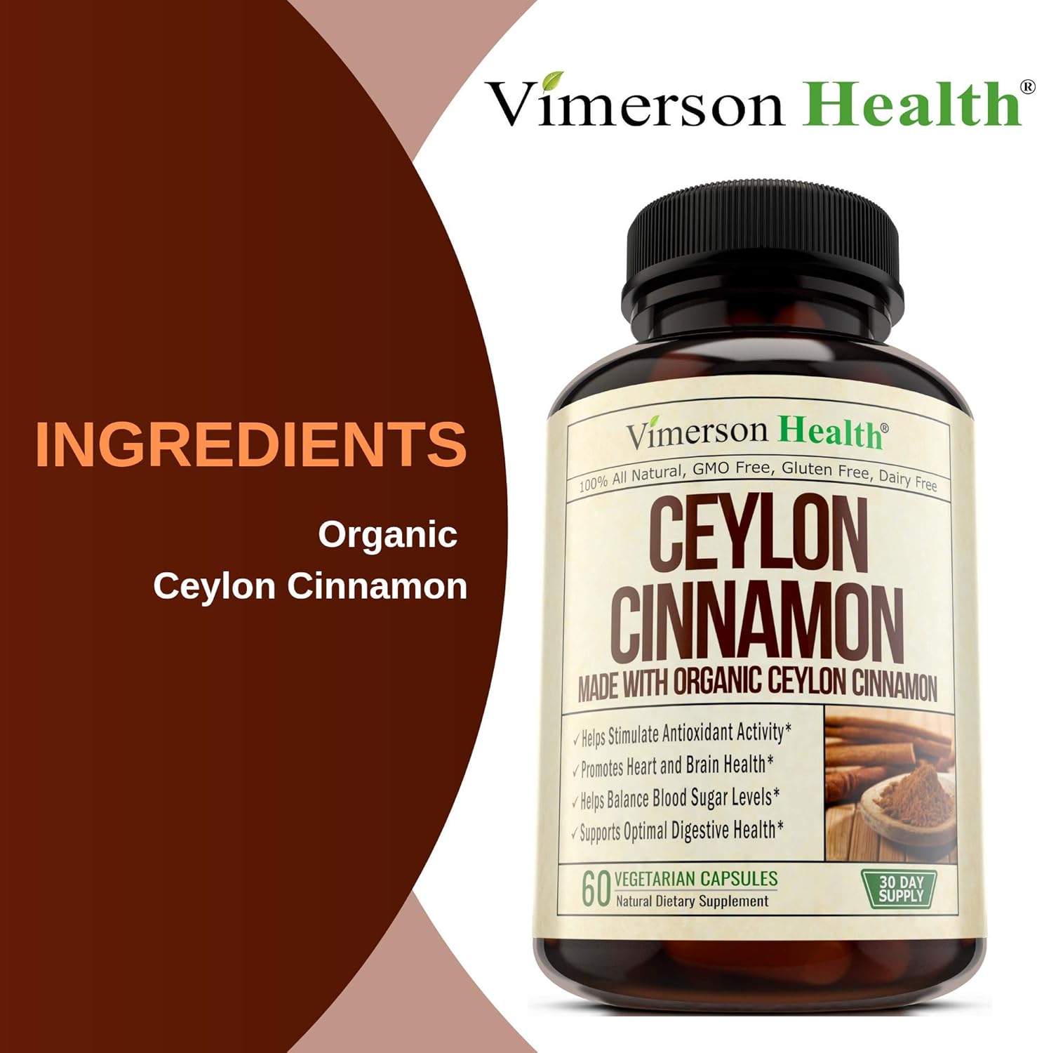 True Ceylon Cinnamon Supplement (Made with Organic Cinnamon). Supports Inflammatory Response. Plant-Based Antioxidant for Joint Support, Healthy Blood Sugar, Optimal Digestive Systems. 60 Capsules: Health & Personal Care