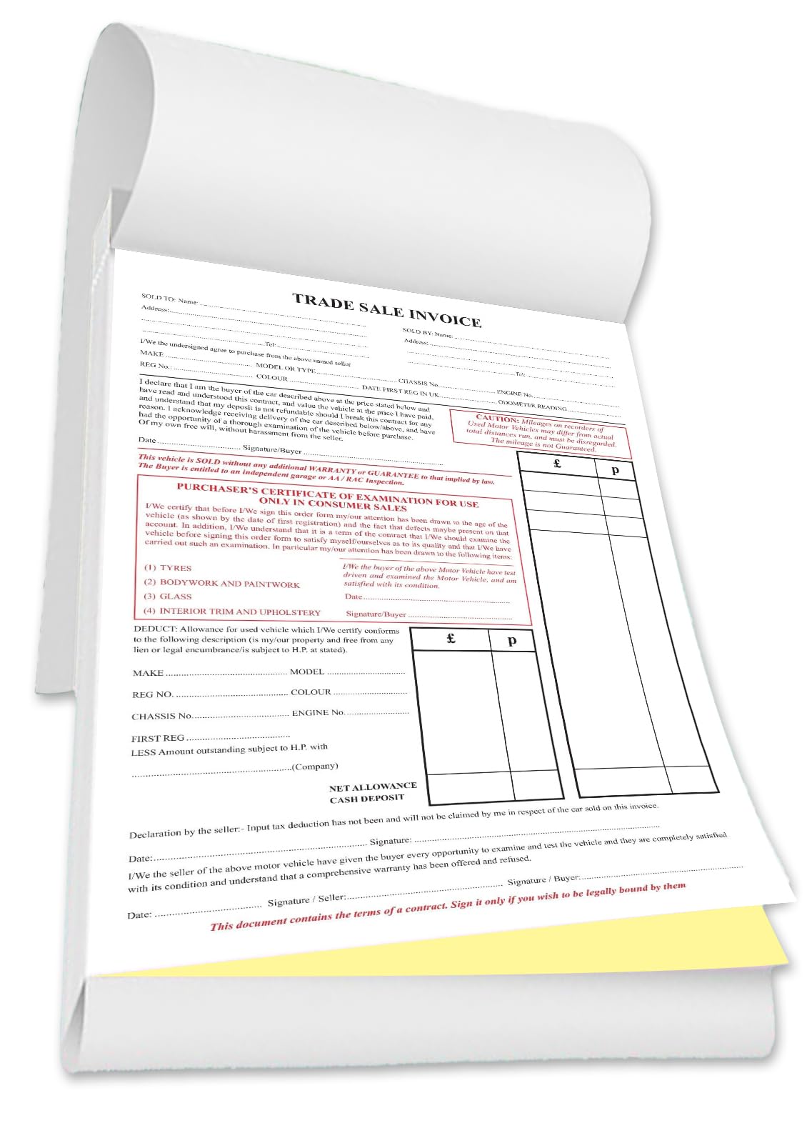 Trade Car Vehicle Sales Invoice/Deposit/Receipt Pad A4 x 50 2 Part Stets - Motor Trade Sale Buying & Selling Cars #1584