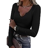 Roselux Women V Neck Ribbed Long Sleeve Shirt Fitted Basic Slim Knit Top