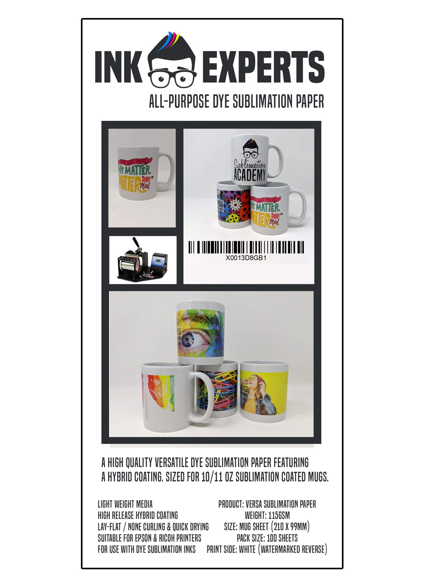 Ink Experts Versa All Purpose Mug Size Sublimation Paper 115gsm (100 Sheets)