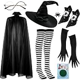 Witch Costume for Women, Witch Costume Accessories Kit | Witch Cloak, Pointed Hat, Witches Socks and Gloves, Striped Socks, Glasses, Face Paint &amp; Shoe Covers for Halloween Cosplay