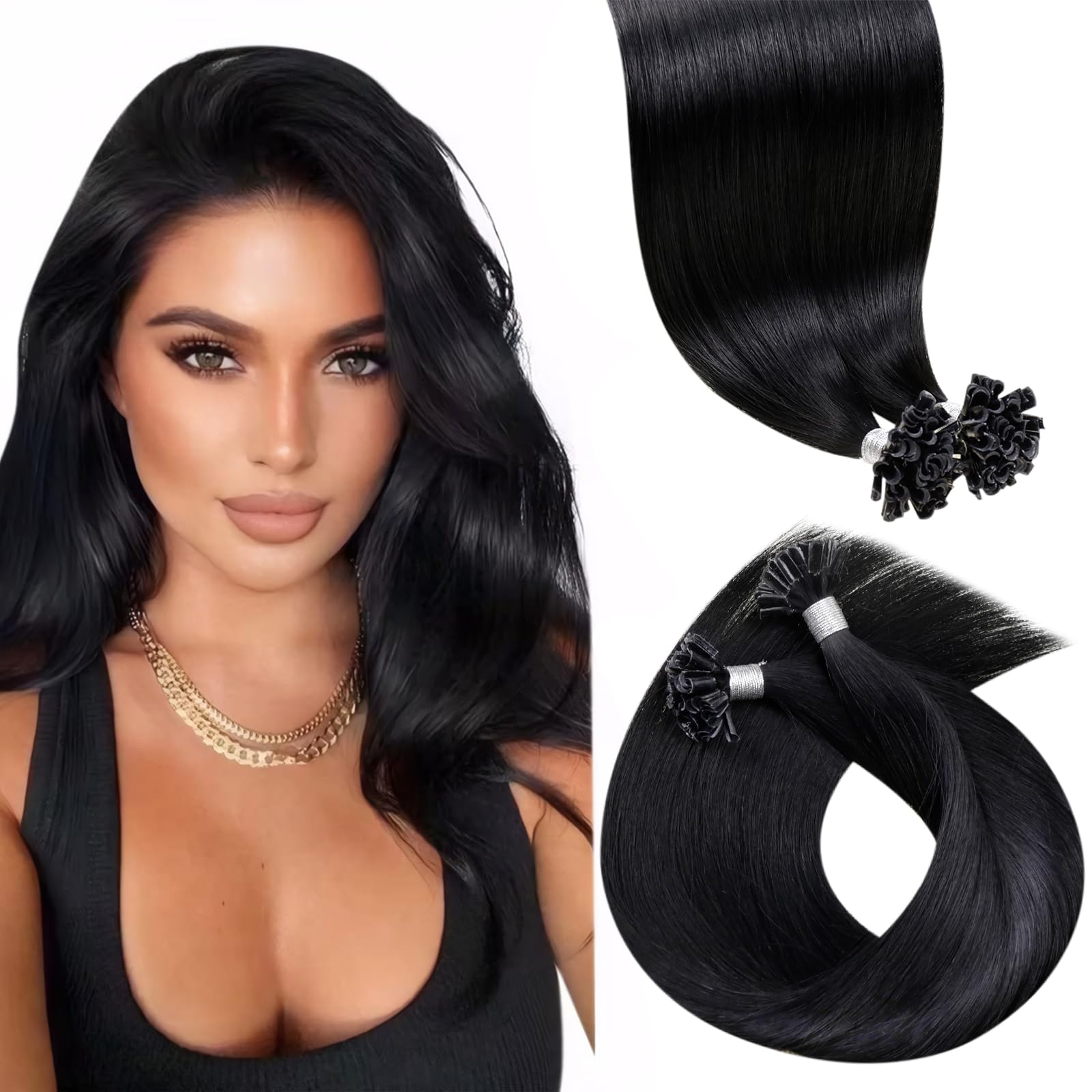 LaaVoo Black Hair Extensions U Tip Real Human Hair, Remy Straight Natural Black Real Hair Extensions, Hot Fusion for Invisible & Stable 50s 50g 14 Inch #1 — image 1
