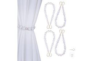 Groleca 4 Pieces Wood Bead Curtain Tiebacks, Decorative Curtain Holdbacks Curtain Tie Backs with Hooks Outdoor Curtain Tiebacks Curtain Holders Curtain Ties for Drapes (Whitewashed, 4)