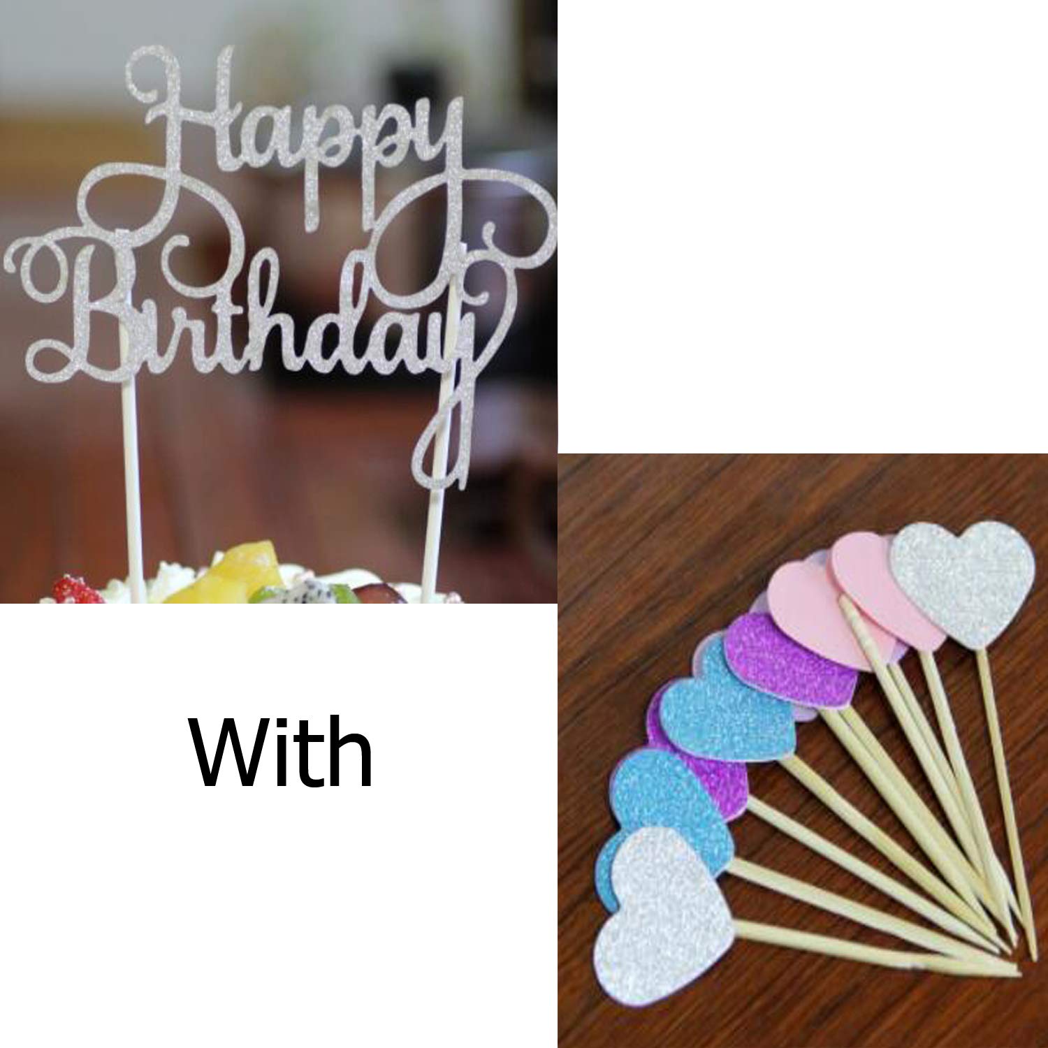 Yrlehoo Cake Topper Glitter Birthday Cake Cupcake Topper Decoration Birthday Party Paper, Silver Happy Birthday + Loving Heart