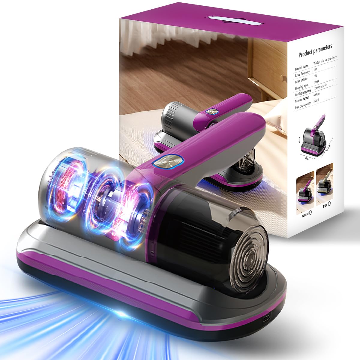 Photo 1 of PATO Mattress Vacuum Cleaner, Wireless Handheld Bed Vacuum Cleaner with UV-C Light, HEPA Filter and Ultrasonic Vibration, 12KPa, Suitable for Beds, Sofas, Car Seats, Carpets (Purple;)