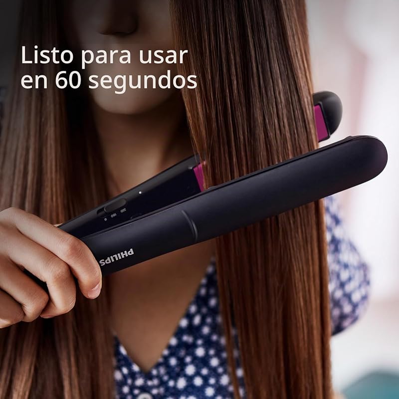 Plancha Alisadora con Placas de Cerámica y Queratina de 100 mm, Cepillo Alisador para Estilizar y Peinar con Tecnología ThermoProtect, hasta 220°C en 1 minuto, en Negro y Rosa, BHS375/00