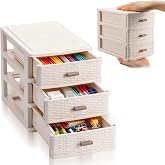 AceOrbit Small Storage Desk Wicker Weave Drawer, White | 3 Drawers Mini Plastic Storage, 6 x 8.6 x 7.6 in Plastic Desk Weave Drawer Unit with Pull Handles, Desk Organizer for Office