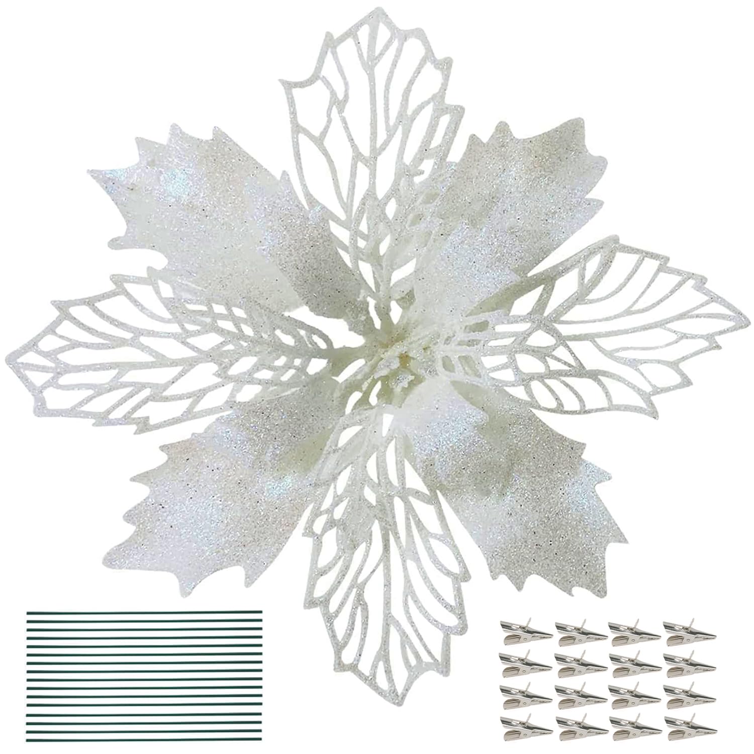 DWTECH 16 Pack Christmas Poinsettia Flowers with 16 Peduncles & 16 Clips,16cm/6.3’’ Artificial Flowers Glitter Poinsettia Christmas Wreath Christmas Tree Ornaments for Christmas Decorations (White)