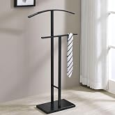 Kings Brand Furniture Dossi Modern Metal Suit Valet Stand, Clothes Rack Organizer with Jacket, Pants &amp; Tie Holder, Space-Saving Garment Rack for Bedroom or Closet (Black)