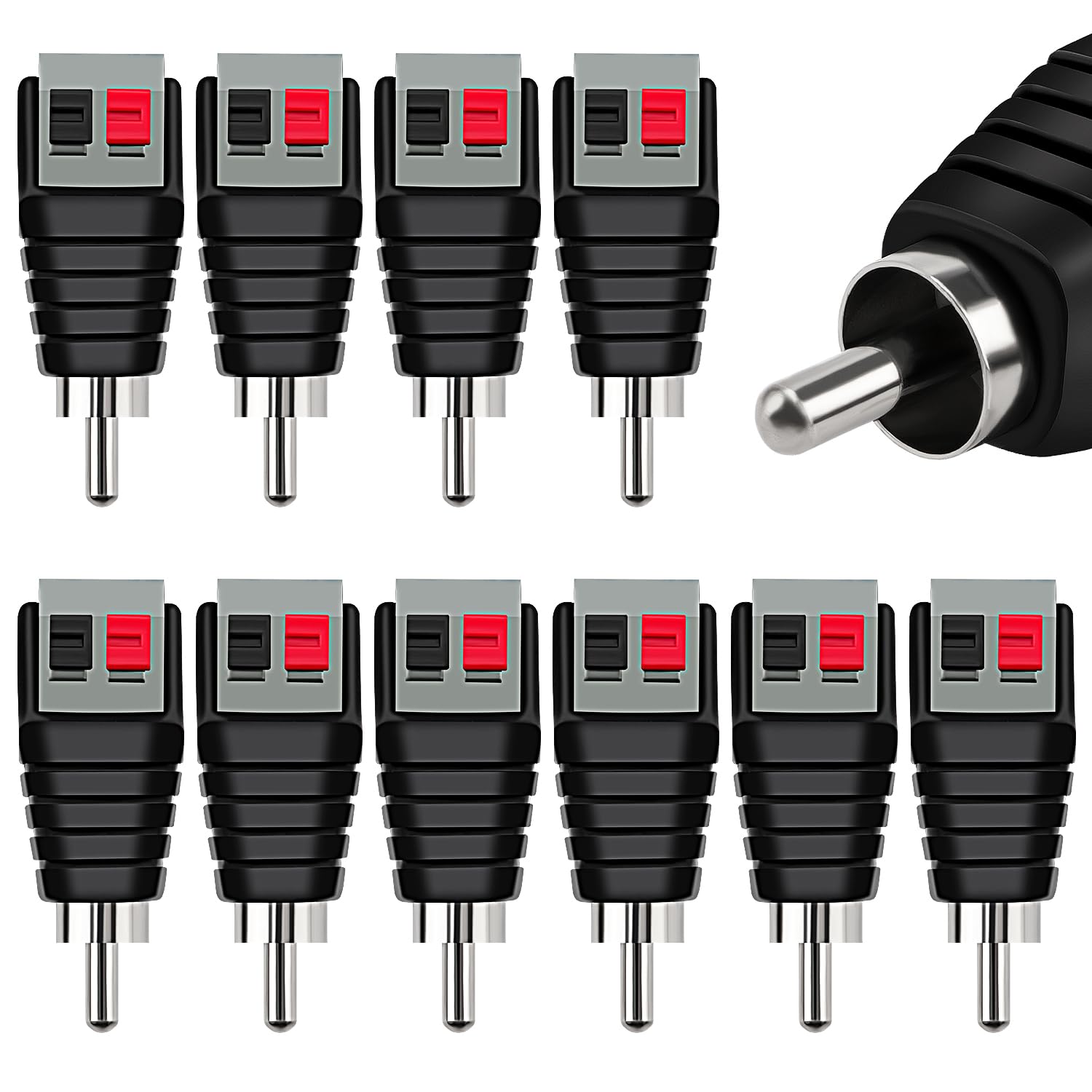 KUOQIY 10 PCS RCA Male to 2 Screw Terminal Strip Speaker Phono, RCA to Speaker Wire Adapter, Video Audio Spring Press Type Balun for CCTV