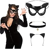Sratte 3 Pcs Halloween Cat Masks Costume for Woman Include Cat Face Eye Masquerade Mask Black Ear Headband Bell Collar for Cosplay Costumes Dress up Theme Party Favors Decorations