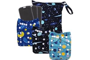 babygoal Reusable Charcoal Cloth Diapers with Double Gussets, 3 Pack Washable Baby Pocket Diapers with 3pcs Charcoal Inserts and Wet Dry Bag(Space,Moon,Star,Rocket)