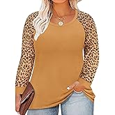 CARCOS Plus Size Tops for Women Long Sleeve Raglan V Neck T Shirts Tunic Fall Blouse Xl-5Xl 14W -28W
