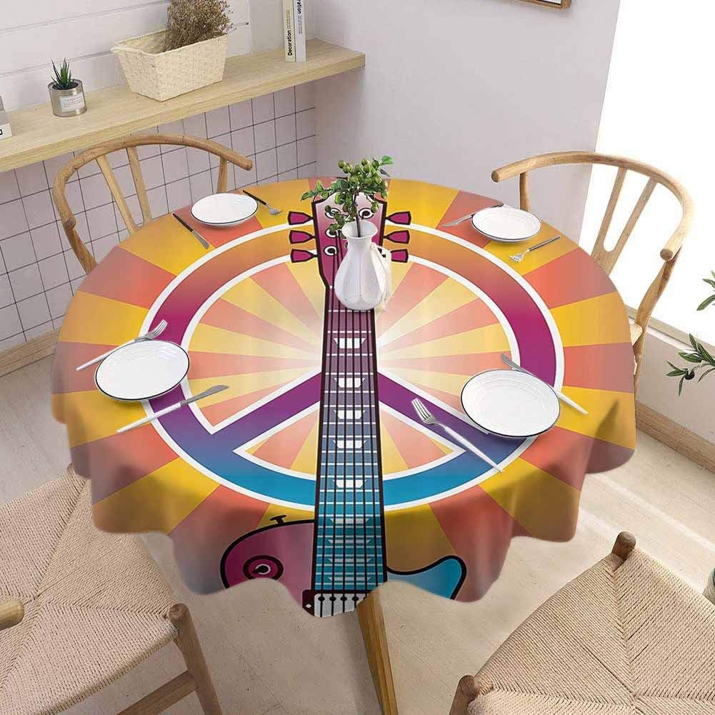 DILITECK 1960s Decor Kids Round Tablecloth Colorful Illustration of Guitar Peace Symbol and Dove Dedicated to The Woodstock Artsy Tribute Picnic Cloth Diameter 70 Multi