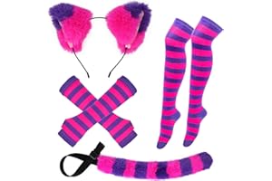 MATINIY Pink and Purple Striped Cat Costume for Girls Women Halloween Cosplay Accessories, Cat Ears, Furry Tail, Striped Socks for Halloween Dress up