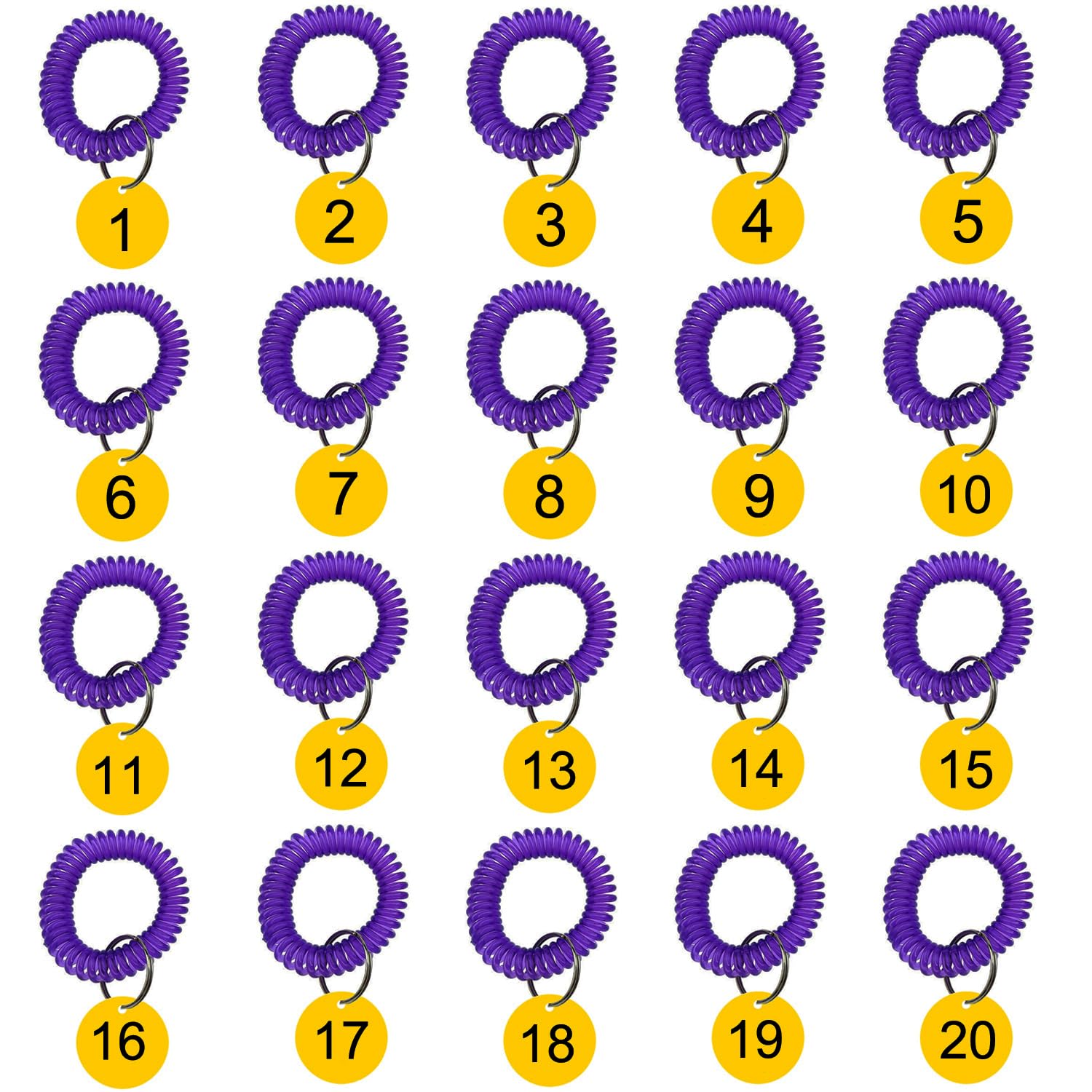 Plastic ID Number Tags 1-20 with Key Ring, Engraved Numbered Tags ID Tags with Spring Rings (1-20, Yellow)