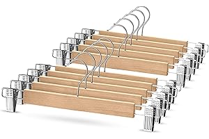 ZOBER High-Grade Wooden Pants Hangers with Metal Clips Grip Clip Pants Hanger, Smooth Finish Solid Wood Jeans/Skirt Hanger, 360° Swivel Hook - Clip Hanger for Pant, Skirts, Slacks - 10 Pack, Natural