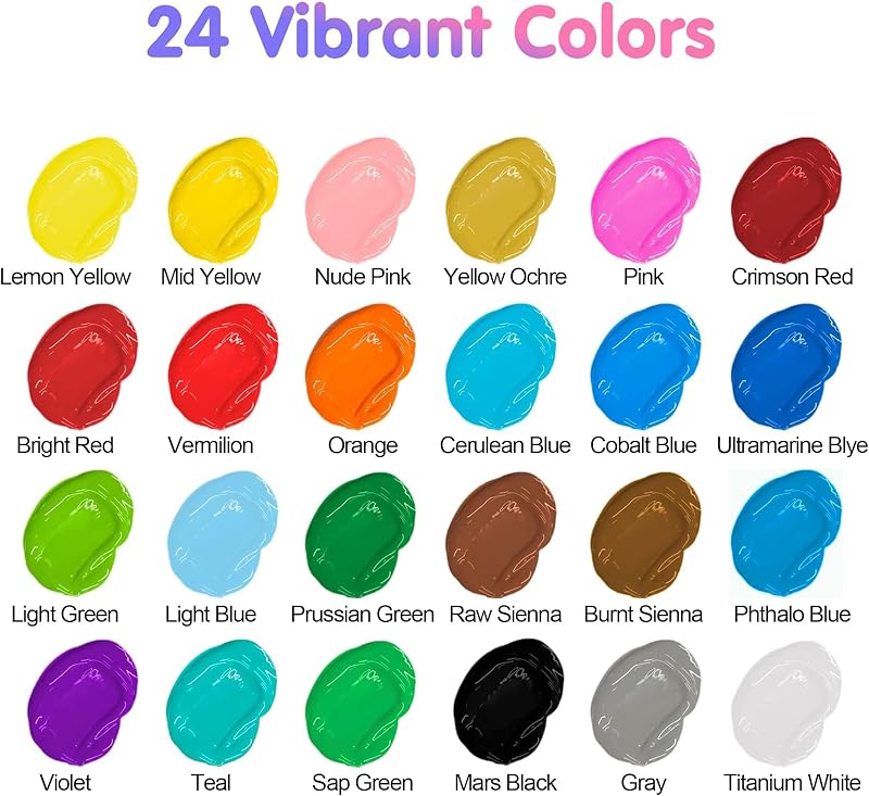 Acrylfarben Set, Satz von 24 farbe 12ml Tuben, Grundlegende und Metallische Farben, Wasserfest und Lichtecht, Schnell Trocknend, für DIY Stein, Keramik, Holz, Papier — Foto 5 von 6