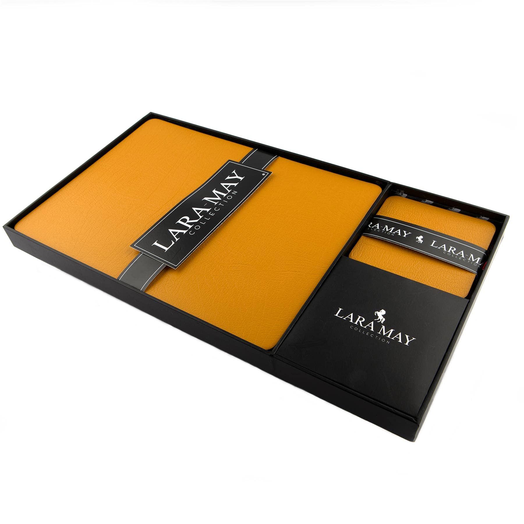 Sets of 8 Mustard Yellow Recycled Leather Placemats (28cm x 21cm) and 8 Recycled Leather Coasters. Made in The UK by Lara-May.