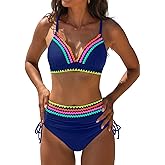 popvil High Waisted Bikini Sets for Women Tummy Control Swimsuits Neon Two Piece V Neck Drawstring Bathing Suits 2026