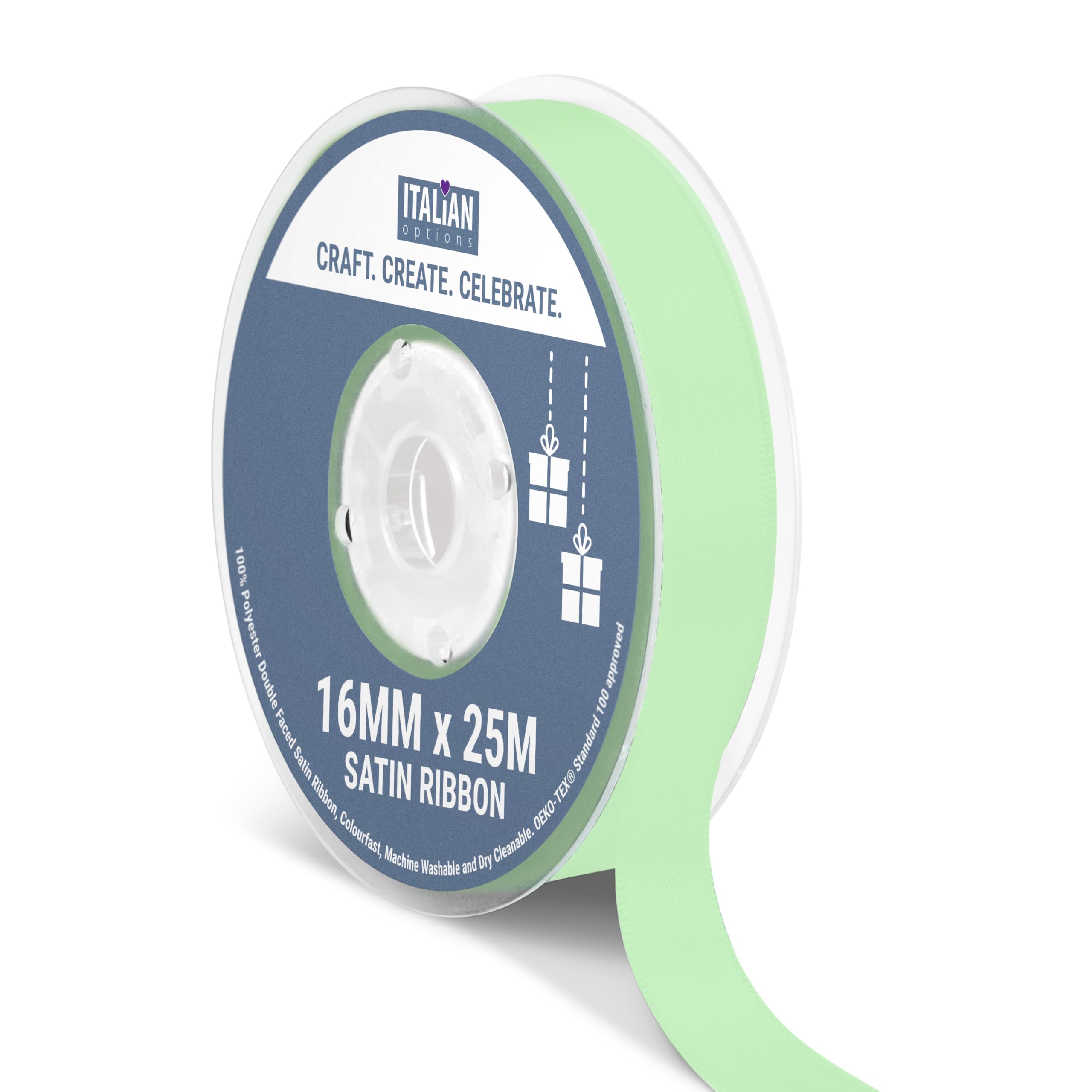 Italian Options Satin Ribbon, Fabric Ribbons for Gift Wrapping, Crafting, Balloons, Wedding Car, Presents, Cake, Christmas, Birthday, Gift Wrap Accessories, 16mm Wide x 25 Metre Roll, Mint