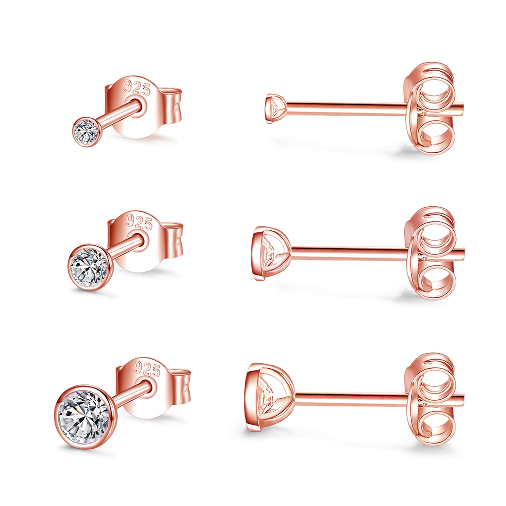 CERSLIMO Silver Stud Earrings for Women Men Girls, 3 Pairs Sterling Silver Tiny Round Stud Earrings Small Dainty Cartilage Tragus Cubic Zirconia Earrings Set (2/3/4mm, Rose Gold) — image 1