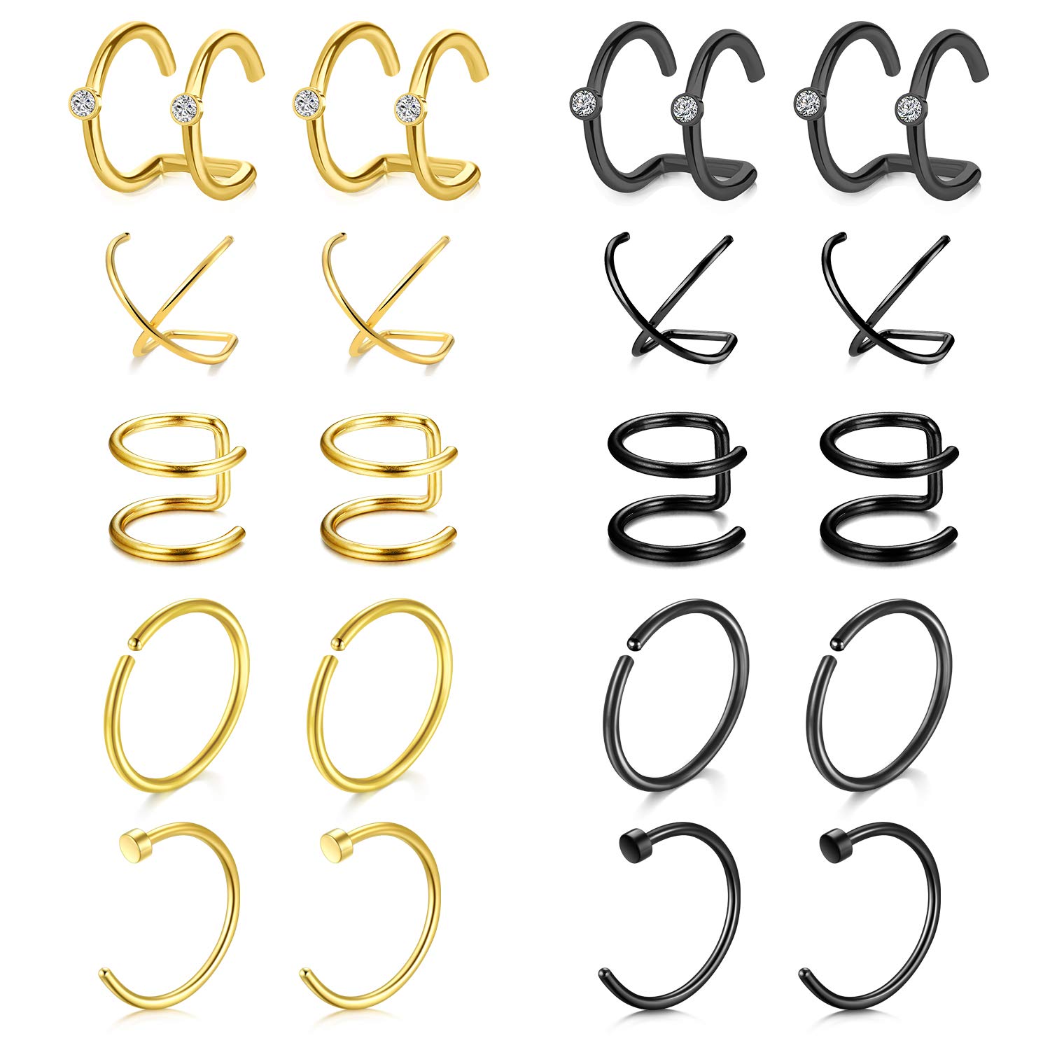 Mayhoop 20 Pcs Fake Piercings Ear Cuffs, Earrings, Nose Rings, Lip Rings - Stainless Steel Clips on Helix, Cartilage Earring Wrap - Non Piercing - Gold, Black for Women, Men
