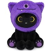 Hagusahuo Black Cat Plush Toy, 8inch Cute Stuffed Cat with Purple One-Eyed Monster Removable Hood, Soft Toy Monster Kitten Plushie Kawaii Christmas Brithday Gifts for Girls Boys