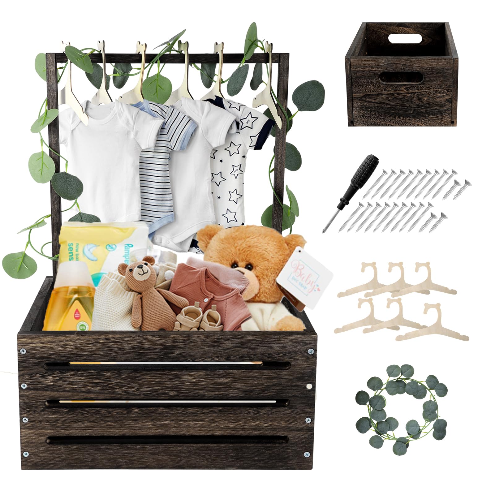 Umtiti Wooden Baby Gift Basket with Handle，Kids Clothes Hanger and Garland，Baby Shower Crate Wardrobe for Pregnant New Parents.Gift Basket-Walnut Wood-UK