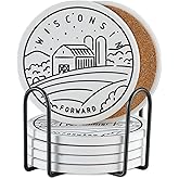 Onebttl Wisconsin Gifts Coaster Souvenir, Travel Homesick Gifts, Home Decor for Women, Moving, Housewarming, Set of 6, Ceramic, Absorbent with Cork Base