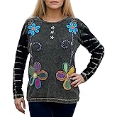 Agan Traders 2025 Winter Women's Boho Tops - Rib Knit Thick Cotton Patched Embroidered Long Sleeve Sweatshirt Top Blouses