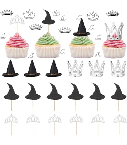24 Pailles Réutilisables Décoratives Halloween - Motif Chapeau De Sorcière Et Couronne, Vert Et Rose