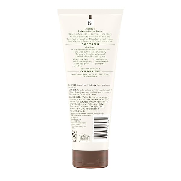 AVEENO DAILY MOISTURIZING CREAM WITH PREBIOTIC OAT & SHEA BUTTER, BODY, FACE & HAND CREAM FOR NORMAL TO DRY, SENSITIVE SKIN HYDRATES FOR 48 HOURS, FRAGRANCE FREE & NON-COMEDOGENIC, 7.5 OZ
