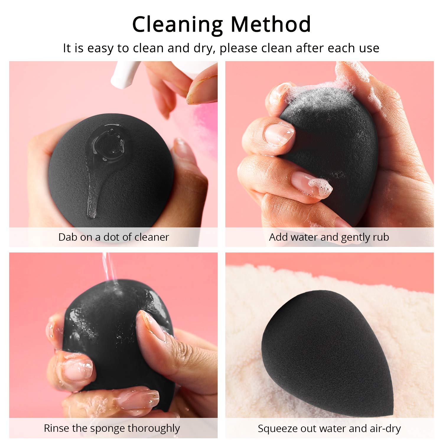BEAKEY Makeup Sponge, Latex-free and Vegan Makeup Blender Beauty Sponge, Flawless for Cream, Liquid Foundation & Powder Application (2Pcs, Black) : Beauty