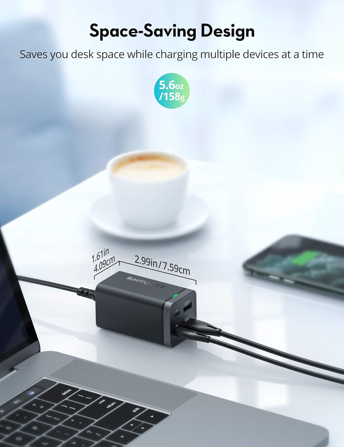 USB C Charger, RAVPower 65W 4-Port Desktop USB Charging Station [GaN Power Tech] with 2 USB C Ports + 2 USB A Ports for MacBook Pro/Air, Dell XPS 13, iPad Pro, iPhone, Nintendo Switch, Galaxy and More
