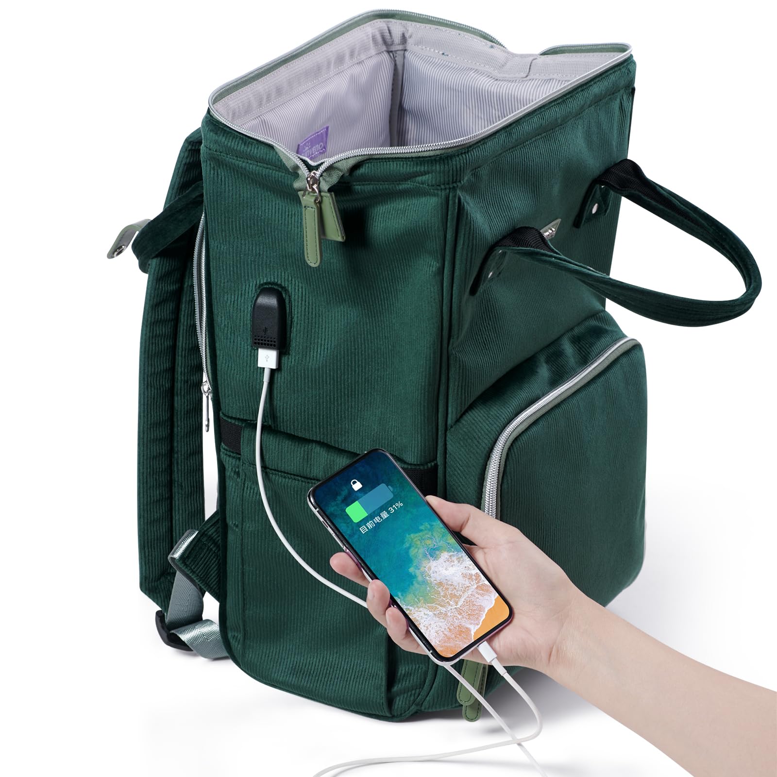 SUNVENO Diaper Bag Backpack, Large Capacity Baby-Bag with Changing Pad & Stroller Clips Velvet Stitching Diaper-Backpack Travel Tote Nappy Bag Organizer for Baby Care with USB Charging Port, Green
