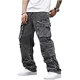 SOLY HUX Men's Cargo Jeans Y2k Grunge Hip Hop Wide Leg Baggy Denim Pants Streetwear with Pockets